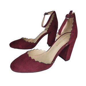 Marc Fisher Burgundy Scalloped Suede Ankle Strap Block Heels 6M
